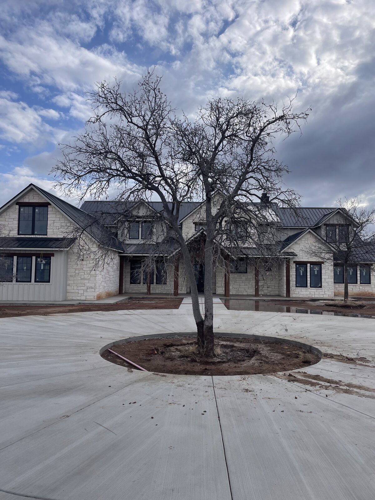 Same stone home with full mature tree